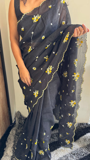 Crunchy Multi Saree with Embroidery Work & Contrast Designer Blouse — HOP168