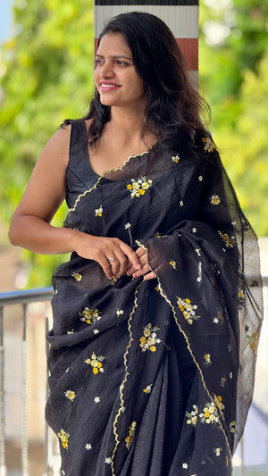 Crunchy Multi Saree with Embroidery Work & Contrast Designer Blouse — HOP168