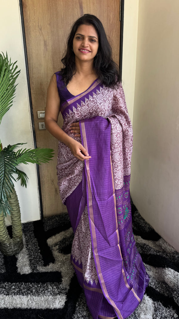 Luxurious Silk Saree with Floral Pattern & Purple Border — HOP174