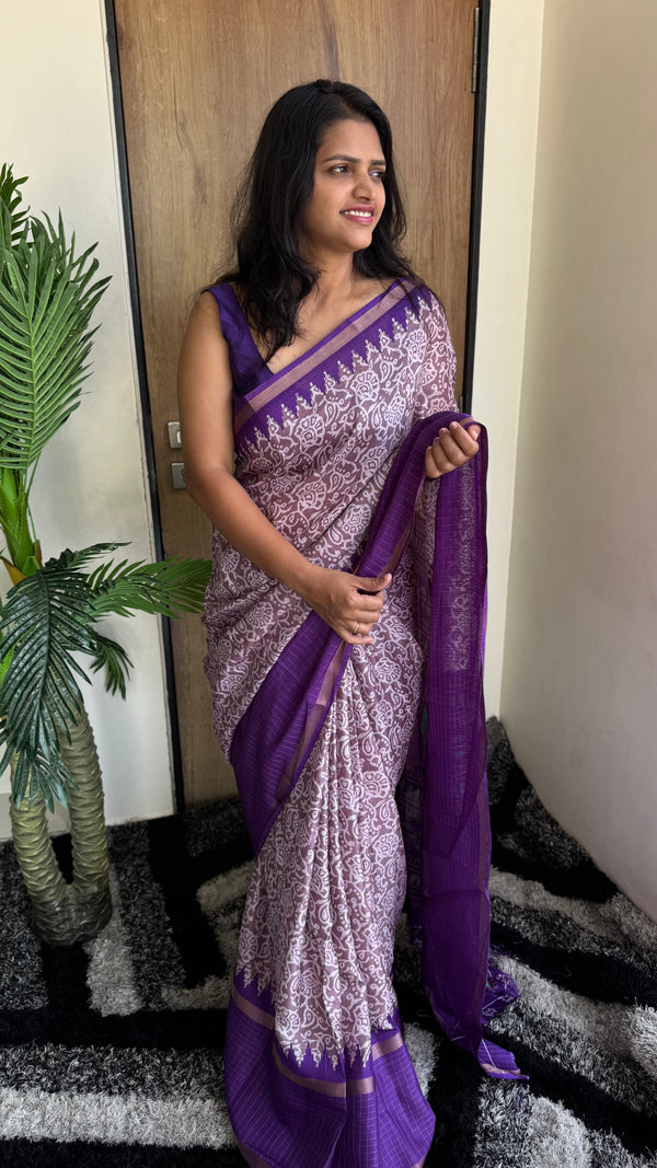 Luxurious Silk Saree with Floral Pattern & Purple Border — HOP174