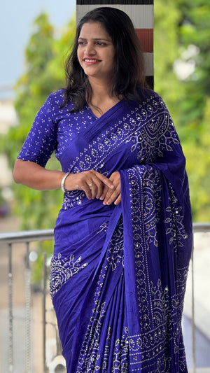Pure Satin Silk Ajrak Print Tassel Saree — HOP165