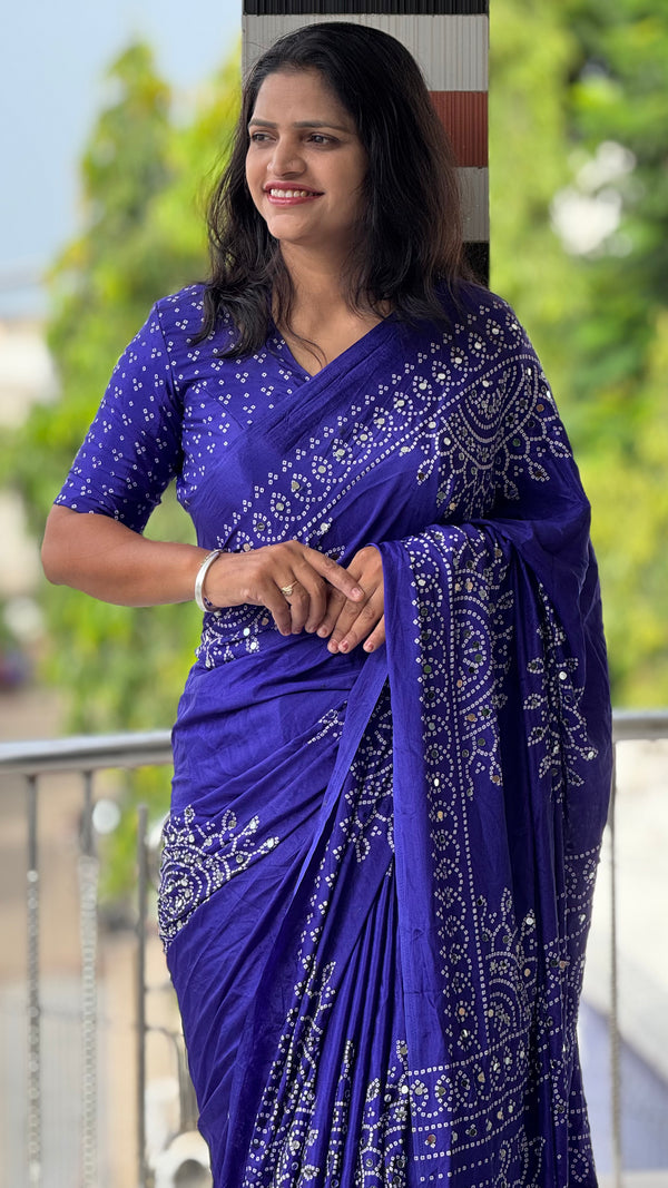 Pure Satin Silk Ajrak Print Tassel Saree — HOP165