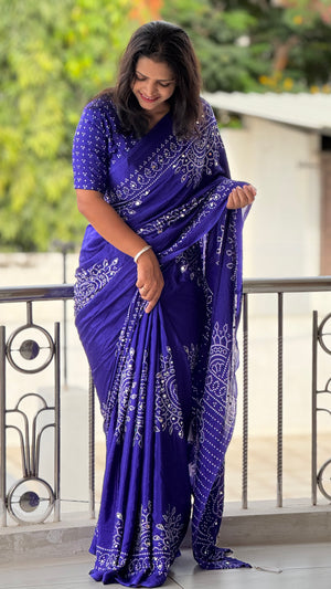 Pure Satin Silk Ajrak Print Tassel Saree — HOP165