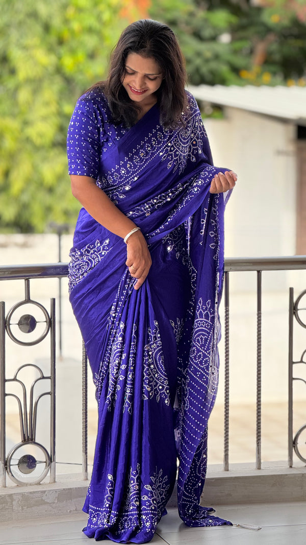 Pure Satin Silk Ajrak Print Tassel Saree — HOP165