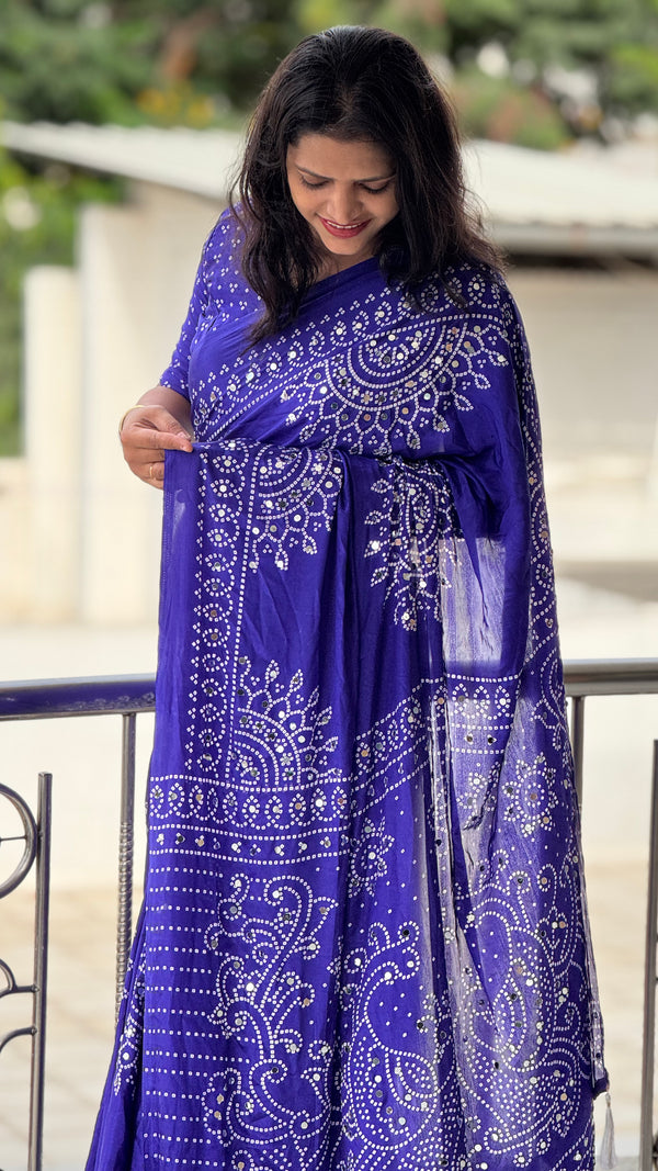 Pure Satin Silk Ajrak Print Tassel Saree — HOP165
