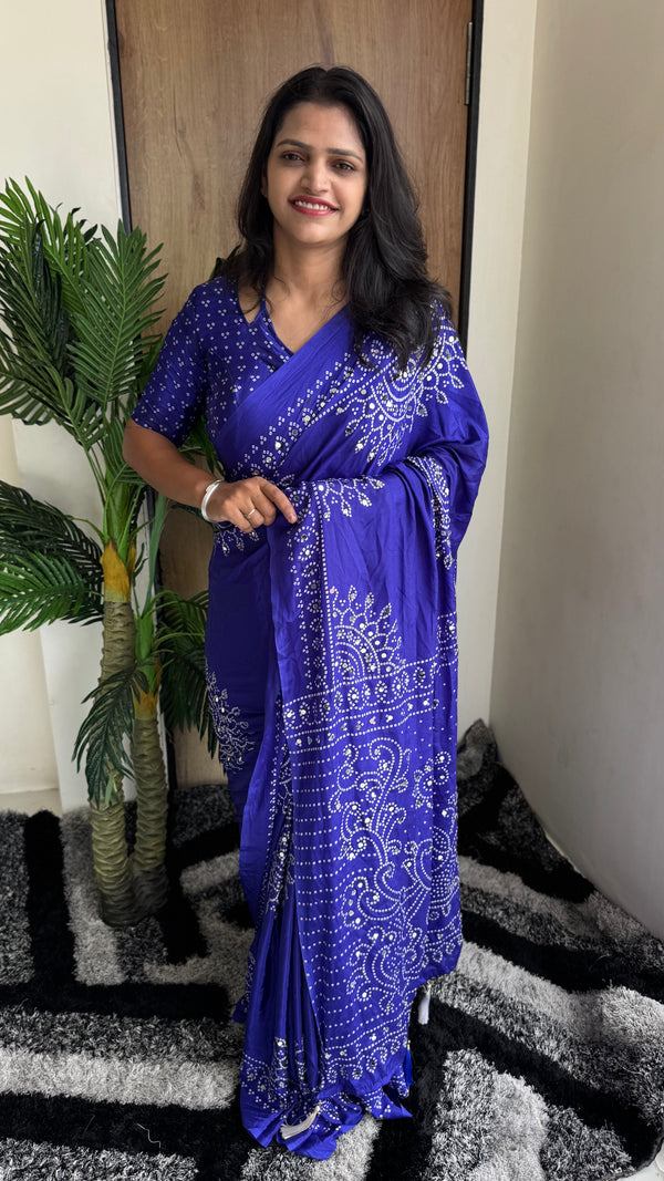 Pure Satin Silk Ajrak Print Tassel Saree — HOP165