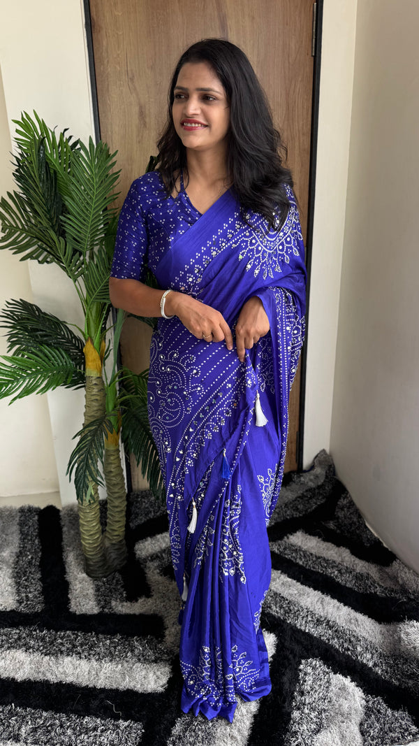 Pure Satin Silk Ajrak Print Tassel Saree — HOP165
