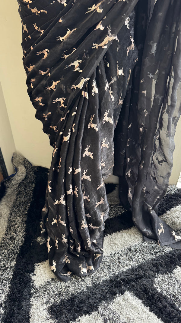 Premium Space Silk Golden Deer Applique Saree — HOP166