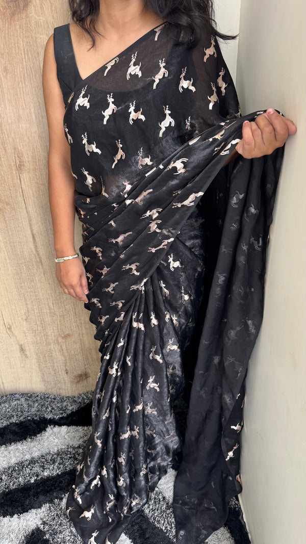 Premium Space Silk Golden Deer Applique Saree — HOP166