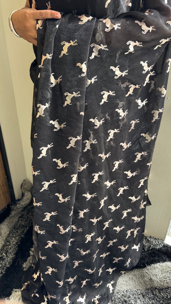 Premium Space Silk Golden Deer Applique Saree — HOP166