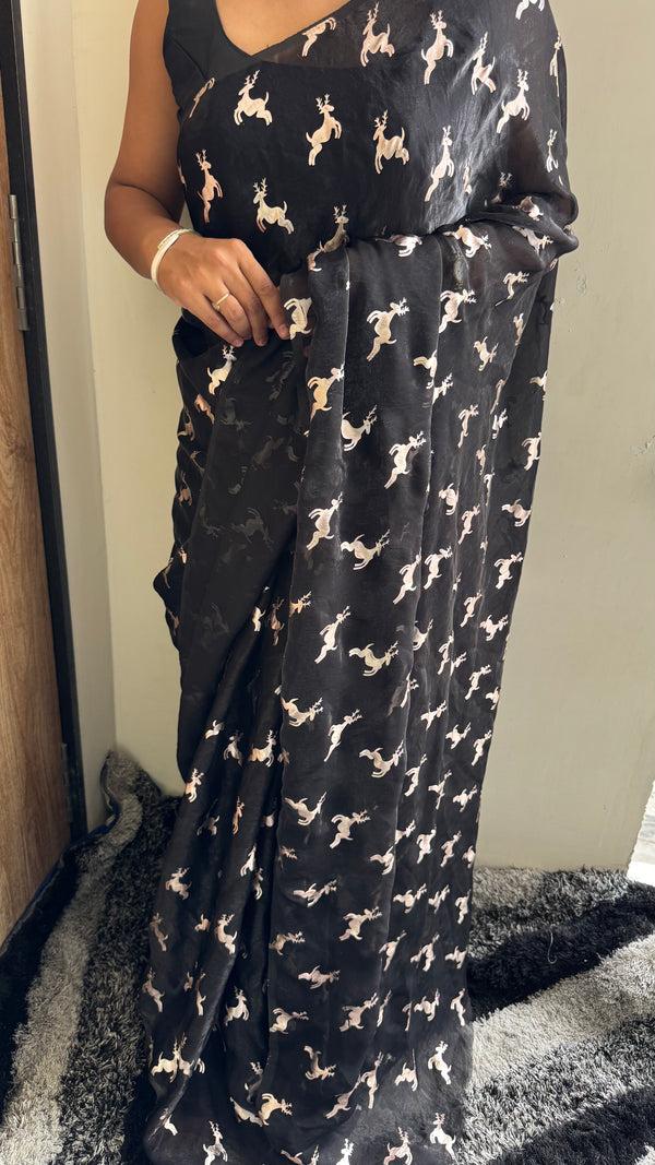 Premium Space Silk Golden Deer Applique Saree — HOP166