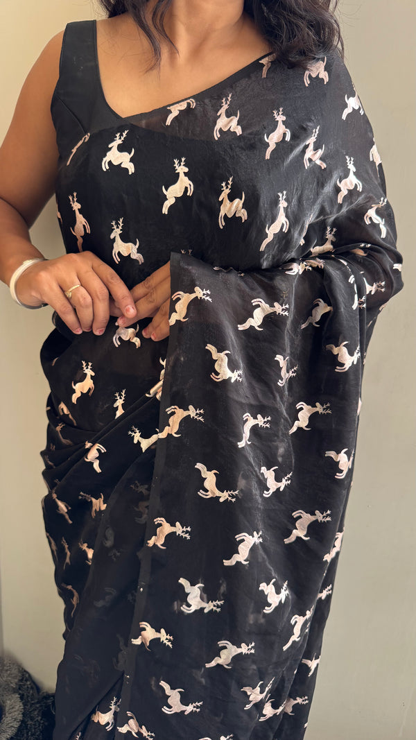 Premium Space Silk Golden Deer Applique Saree — HOP166