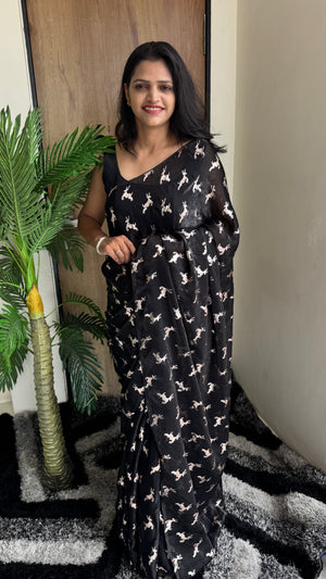 Premium Space Silk Golden Deer Applique Saree — HOP166