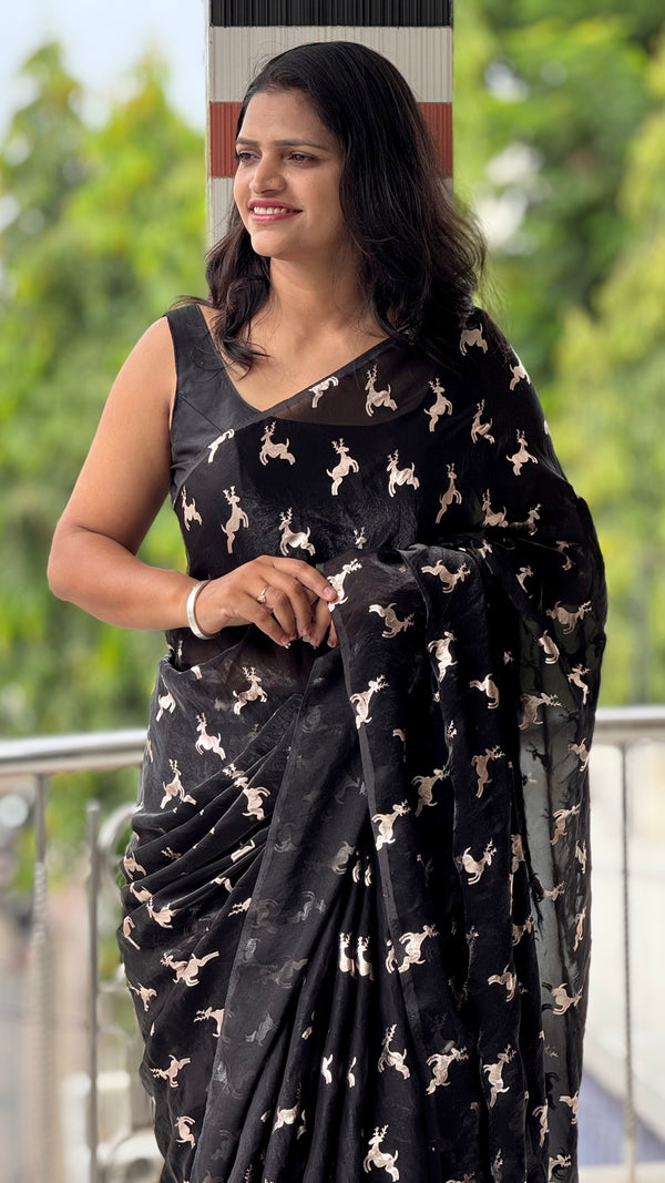 Premium Space Silk Golden Deer Applique Saree — HOP166