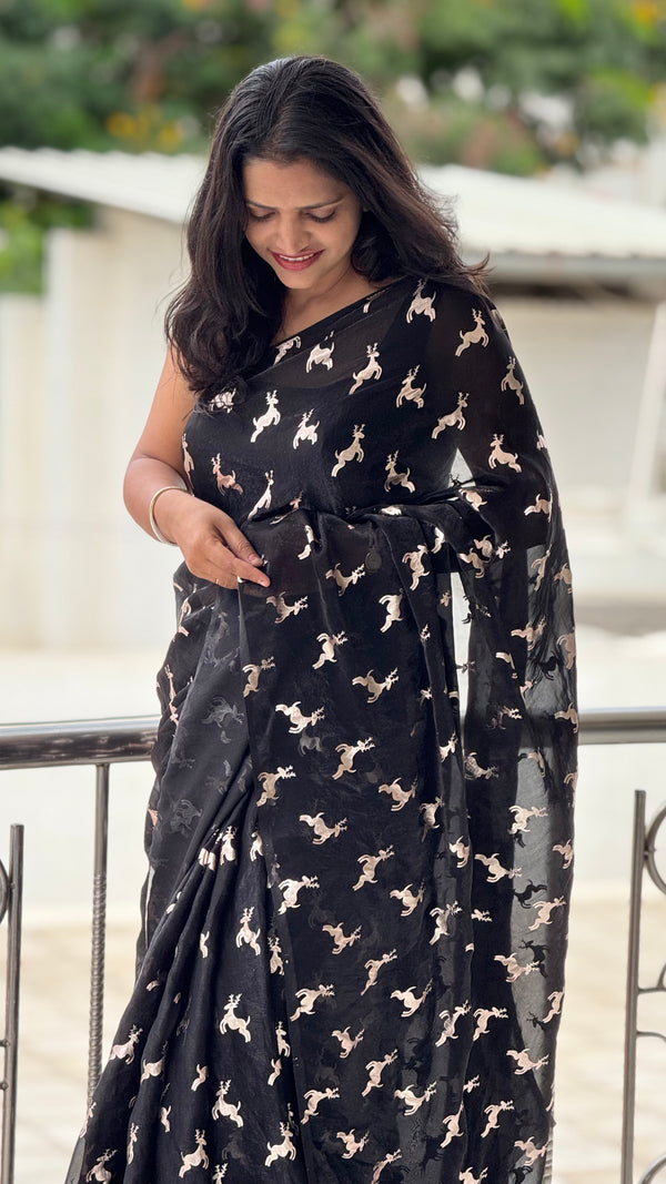 Premium Space Silk Golden Deer Applique Saree — HOP166