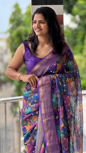Premium Dull Moss Digital Print Mirror Saree — HOP169