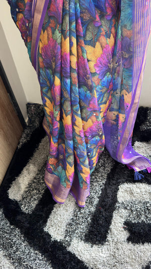 Premium Dull Moss Digital Print Mirror Saree — HOP169