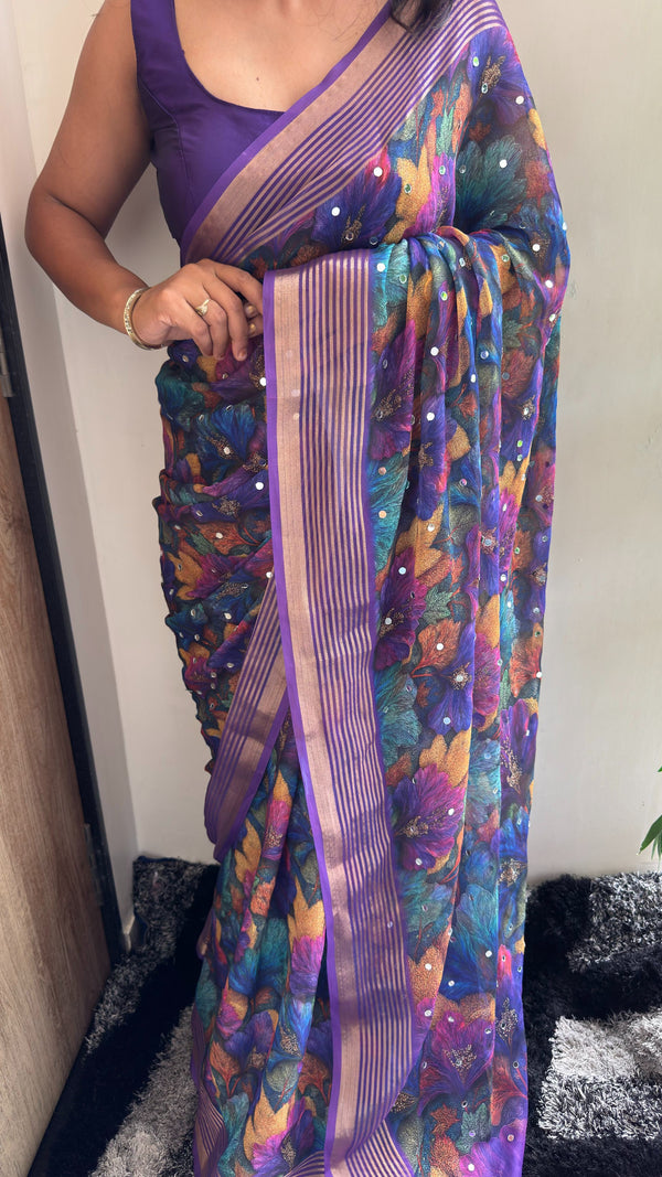 Premium Dull Moss Digital Print Mirror Saree — HOP169