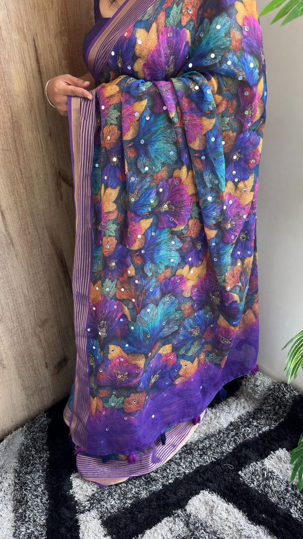 Premium Dull Moss Digital Print Mirror Saree — HOP169