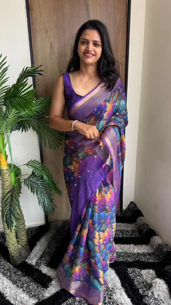 Premium Dull Moss Digital Print Mirror Saree — HOP169