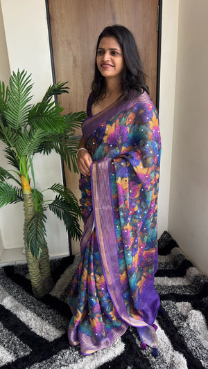 Premium Dull Moss Digital Print Mirror Saree — HOP169