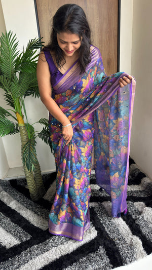 Premium Dull Moss Digital Print Mirror Saree — HOP169