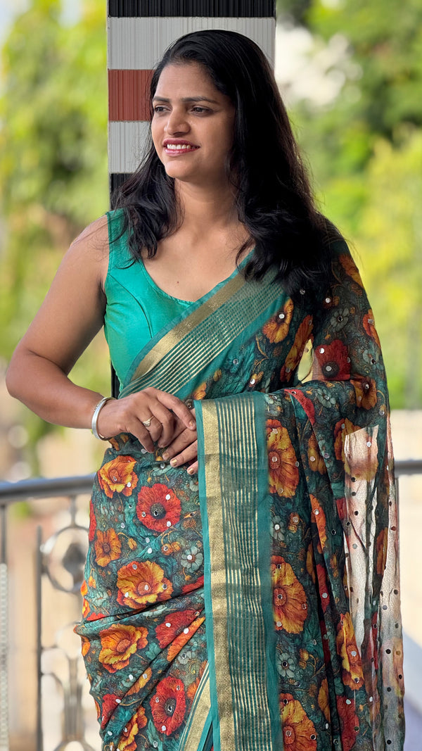 Premium Dull Moss Digital Print Mirror Saree in Teal Floral — HOP175