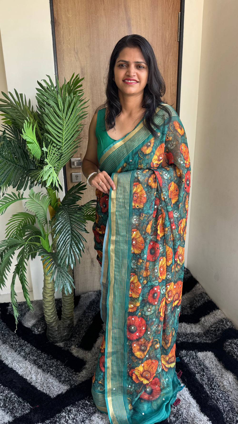 Premium Dull Moss Digital Print Mirror Saree in Teal Floral — HOP175