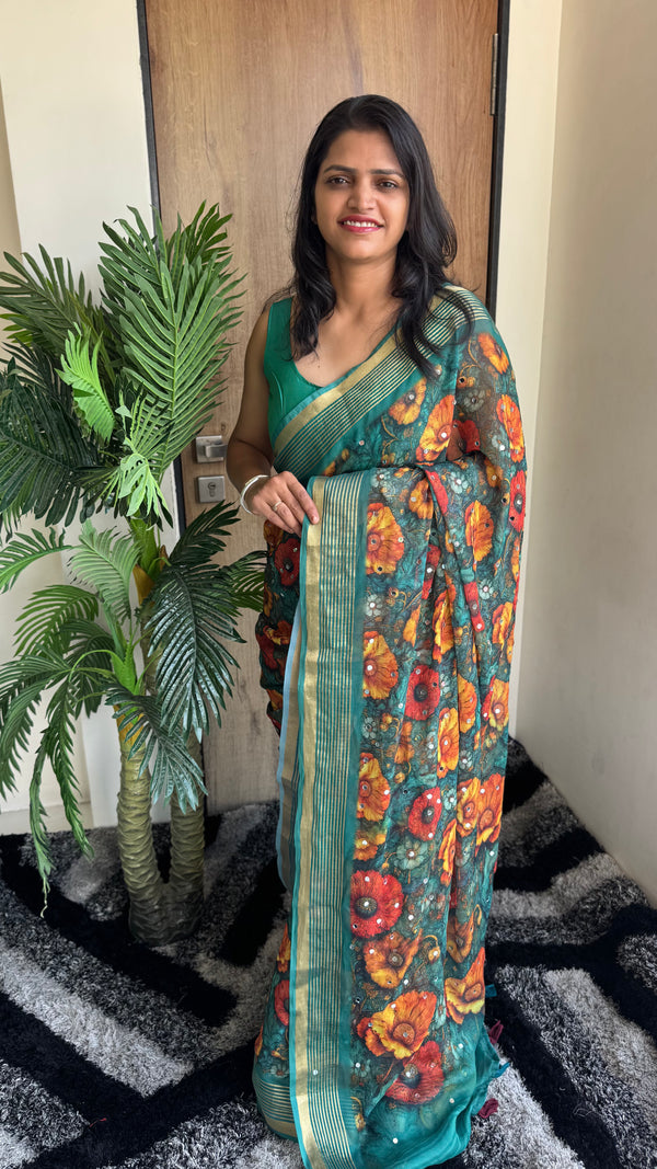 Premium Dull Moss Digital Print Mirror Saree in Teal Floral — HOP175