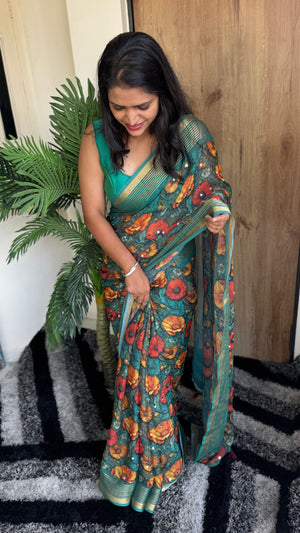 Premium Dull Moss Digital Print Mirror Saree in Teal Floral — HOP175