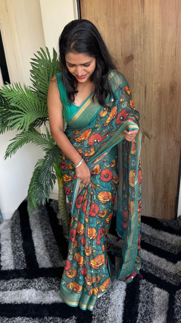 Premium Dull Moss Digital Print Mirror Saree in Teal Floral — HOP175
