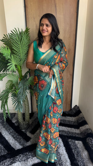Premium Dull Moss Digital Print Mirror Saree in Teal Floral — HOP175