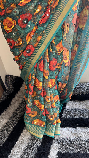Premium Dull Moss Digital Print Mirror Saree in Teal Floral — HOP175