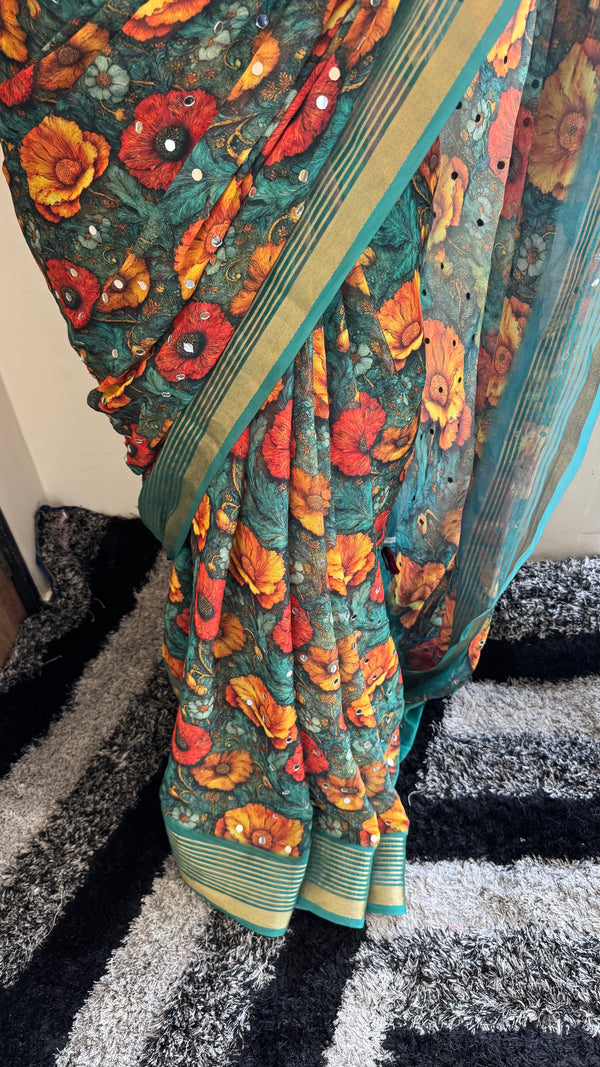 Premium Dull Moss Digital Print Mirror Saree in Teal Floral — HOP175