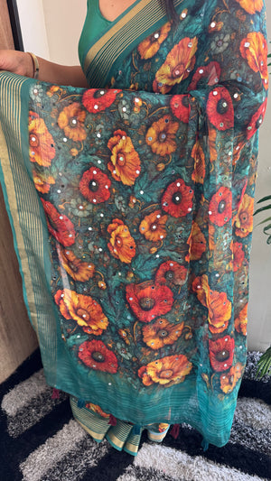 Premium Dull Moss Digital Print Mirror Saree in Teal Floral — HOP175