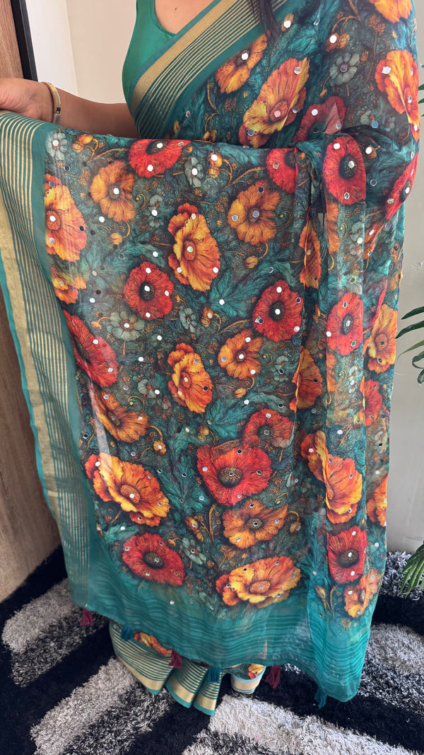 Premium Dull Moss Digital Print Mirror Saree in Teal Floral — HOP175