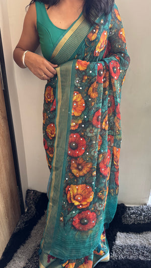 Premium Dull Moss Digital Print Mirror Saree in Teal Floral — HOP175