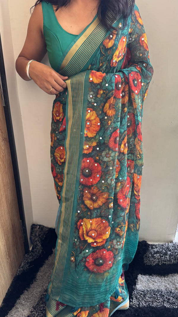 Premium Dull Moss Digital Print Mirror Saree in Teal Floral — HOP175
