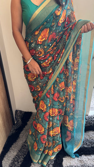 Premium Dull Moss Digital Print Mirror Saree in Teal Floral — HOP175