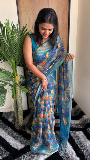 Premium Dull Moss Digital Print Mirror Saree in Teal Blue — HOP171