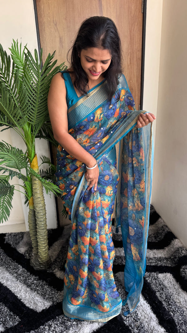 Premium Dull Moss Digital Print Mirror Saree in Teal Blue — HOP171