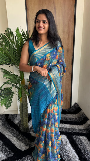 Premium Dull Moss Digital Print Mirror Saree in Teal Blue — HOP171