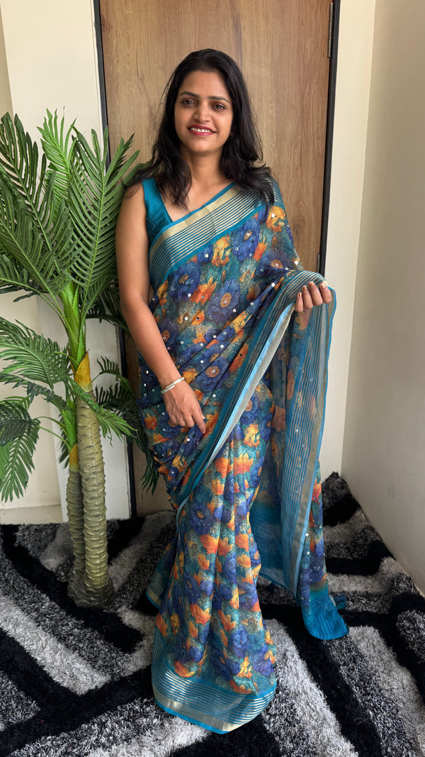 Premium Dull Moss Digital Print Mirror Saree in Teal Blue — HOP171