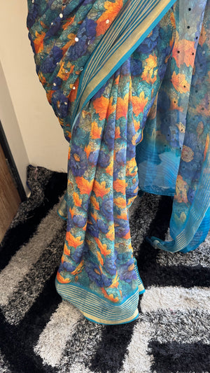 Premium Dull Moss Digital Print Mirror Saree in Teal Blue — HOP171