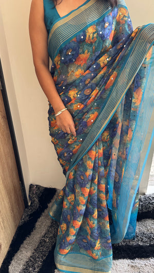 Premium Dull Moss Digital Print Mirror Saree in Teal Blue — HOP171