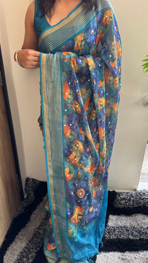 Premium Dull Moss Digital Print Mirror Saree in Teal Blue — HOP171