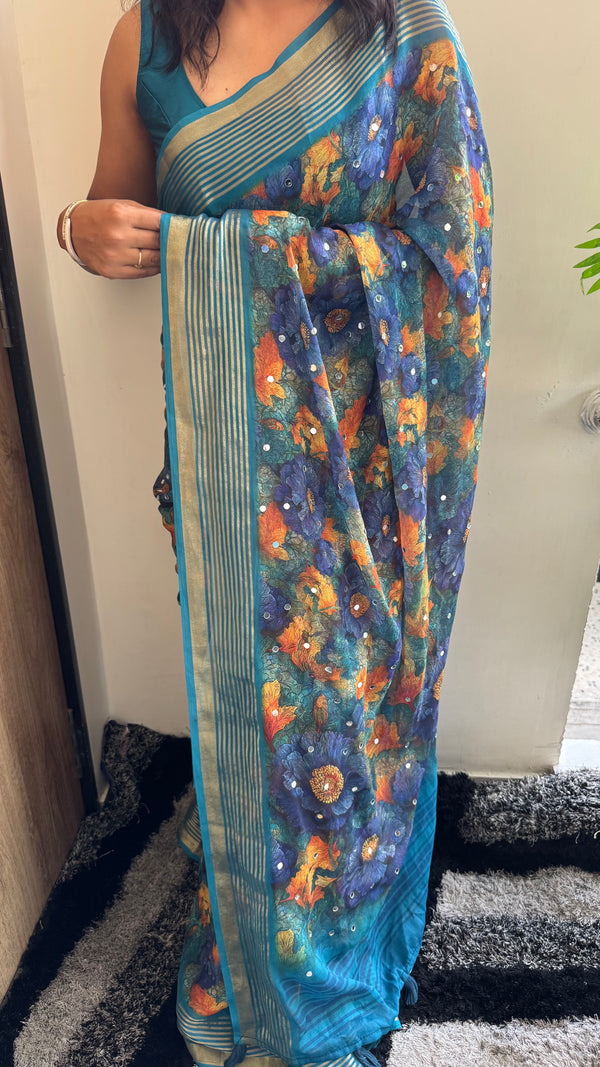 Premium Dull Moss Digital Print Mirror Saree in Teal Blue — HOP171
