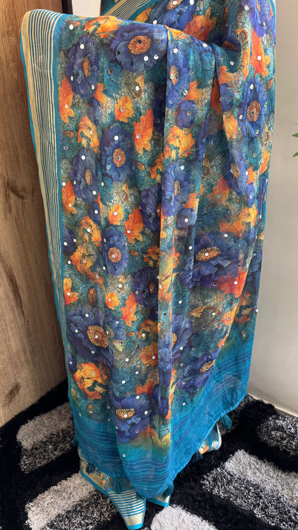 Premium Dull Moss Digital Print Mirror Saree in Teal Blue — HOP171