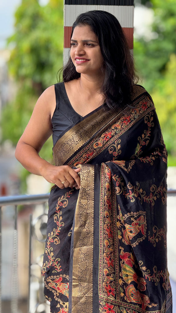Pure Silk Saree with Ajrak Print, Rich Pallu & Mirror Work — HOP176