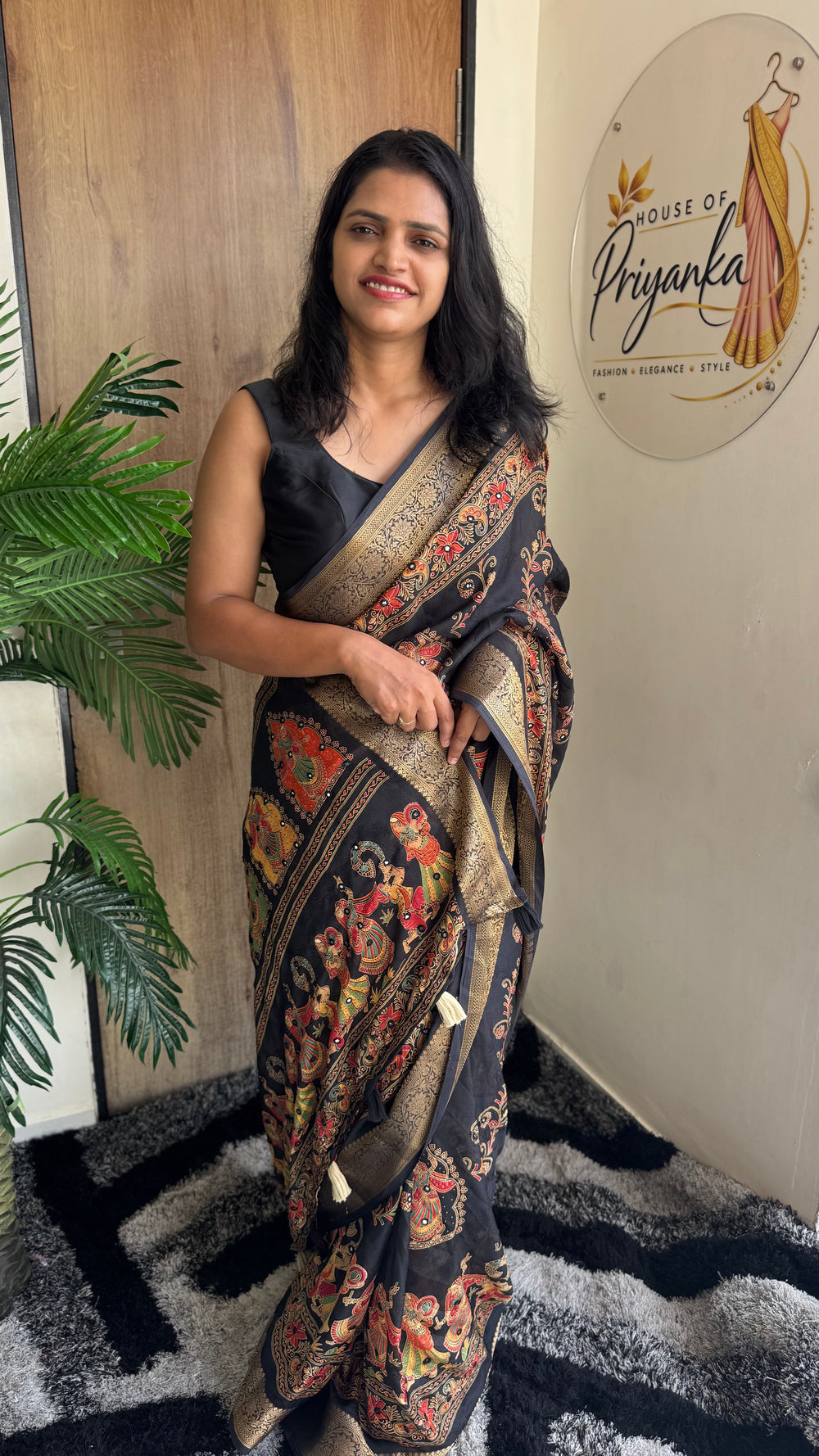 Pure Silk Saree with Ajrak Print, Rich Pallu & Mirror Work — HOP176